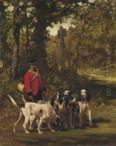 A Huntmaster With His Dogs On A Forest Trail A Huntmaster With His Dogs On A Forest Trail