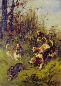 Quatre Chiens De Chasse Poursuivant Un Lievre by Olivier de Penne