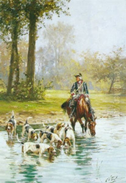 Veneur Et Sa Meute A La Riviere - view 1