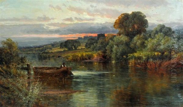 River Scene At Dusk With Boat And Figure - view 1