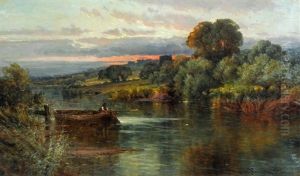 River Scene At Dusk With Boat And Figure by Harry Pennell