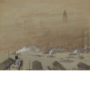 New York Harbor With A View Of Saint John The Divine by Joseph Pennell