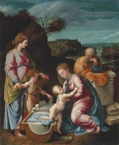 The Holy Family With The Infant Saint John The Baptist And Saint Catherine Of Alexandria by Giovanni Francesco Penni