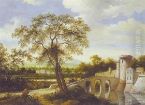 A River Landscape With Drovers Crossing A Bridge By A Fortified Town by Johannes (Il Pennito) Penninks