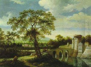 Weite Bewaldete Fluslandschaft Mit Einem Schlos Und Einer Steinernen Brucke