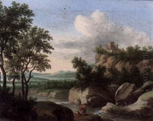A Mountainous Landscape With A Traveller Resting By A River, A Castle On An Outcrop Beyond