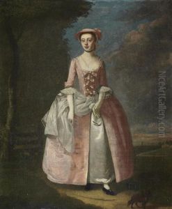 Portrait Of A Lady, Traditionally Identified As Miss Penny, Full-length, In Pink Before A Landscape by Edward Penny