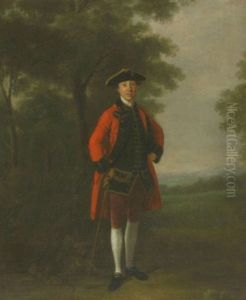 Portrait Of A Young Gentleman, Standing Full Length, In A Red Coat And Tricorn Hat, In A Wooded Landscape