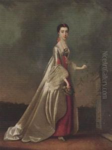 Portrait Of A Lady, (duchess Of Somerset?), In A Red And White Dress, In A Landscape by Edward Penny