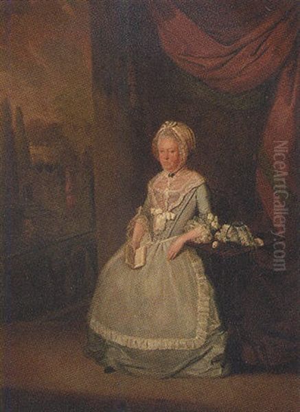 Portrait Of A Lady In A Blue Dress, Holding A Book, Resting Her Arm On A Tea Table, A Landscape Beyond - view 1