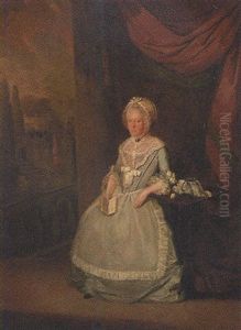 Portrait Of A Lady In A Blue Dress, Holding A Book, Resting Her Arm On A Tea Table, A Landscape Beyond by Edward Penny