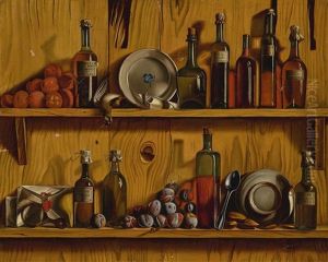 Trompe L'oeil Still Life Of Bottles, Fruit, Plates And Other Objects Along Two Wooden Shelves by Jean Valette-Falgores Penot