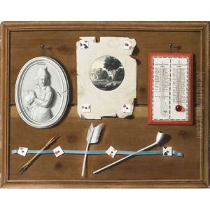 Trompe L'oeil With A Pen, Feather, Pipe, A Barometer And Thermometer, And A Drawing Tacked To A Board Within A Painted Frame by Jean Valette-Falgores Penot