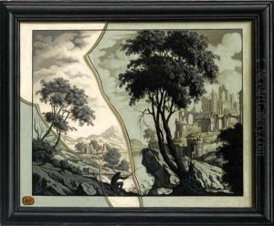 A Framed Landscape With A Fisherman Painted Below Broken Glass