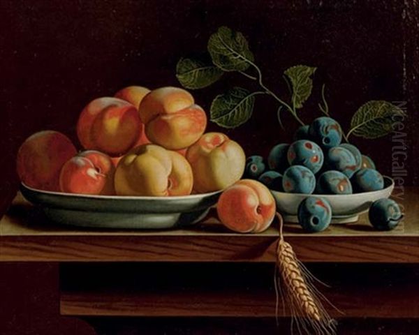 Peaches And Plums In Dishes With A Blade Of Wheat On A Tabletop - view 1