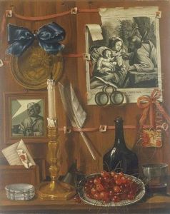 Trompe L'oeil With A Basket Of Cherries On A Table And Engravings Tacked Up To A Wall by Jean Valette-Falgores Penot