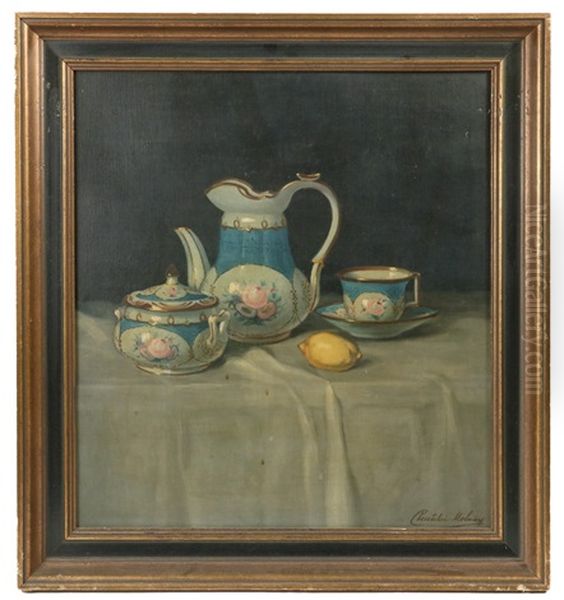 Still Life With Coffee Pot, Sugar Bowl, Cup With Saucer And Lemon On Tablecloth - view 1