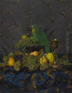 Fruchtestillleben Mit Grunem Papagei by Janos Pentelei-Molnar