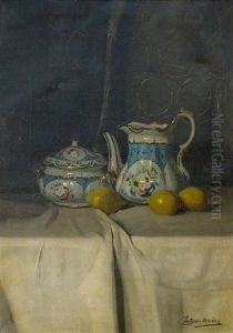 A Still Life With A Coffee Pot, A Sugar Bowl And Lemons by Janos Pentelei-Molnar