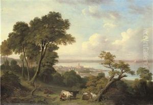 View Of Penzance, Cornwall, A Milkmaid And Cattle In The Foreground, And St. Michael's Mount Beyond
