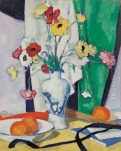 Still Life Of Summer Flowers In A Chinese Blue And White Vase by Samuel John Peploe