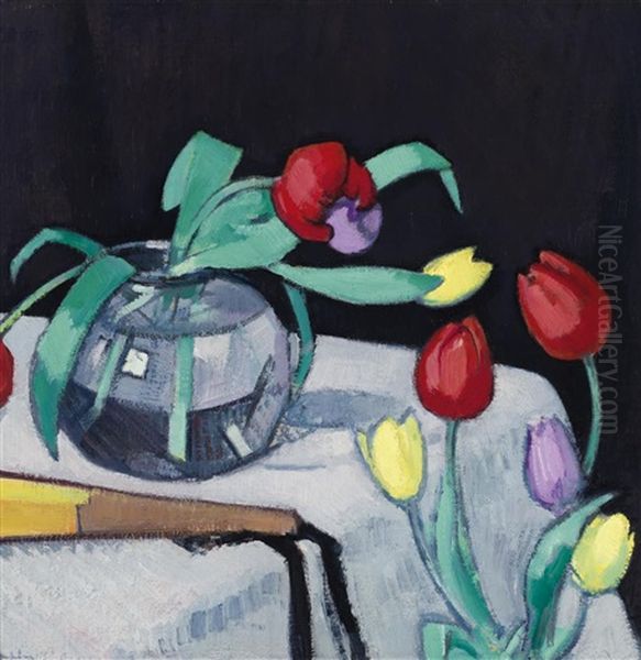 Still Life With Tulips On A Black Background - view 1