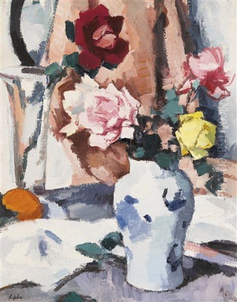Red, Pink And Yellow Roses In A Blue Vase - view 1