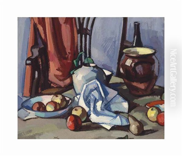 Dish With Apples, Ginger Jar, Brown Crock, Bottle, And Chair - view 1