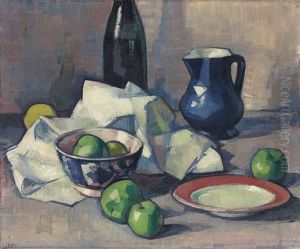 Black Bottle, Napkin And Green Apples by Samuel John Peploe