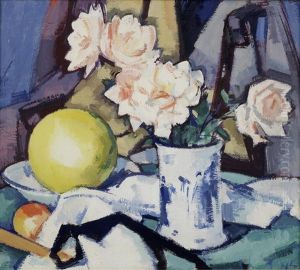 Blue & White Vase, Roses, Melon And Orange (+ Study For Houses And Landscape, Verso) by Samuel John Peploe