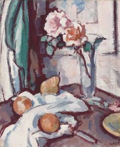 Still Life With Pink Roses, Oranges And A Pear by Samuel John Peploe