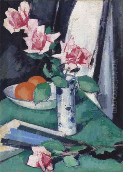 Still Life With Pink Roses And Oranges In A Blue And White Vase - view 1