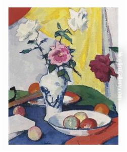 Still Life With Roses, Yellow Background by Samuel John Peploe