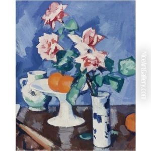 Still With Pink Roses In A Blue And White Vase With Oranges And Jug