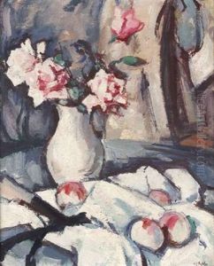 A Still Life Of Apples And Pink Roses (+ Still Life Sketch, Verso) by Samuel John Peploe