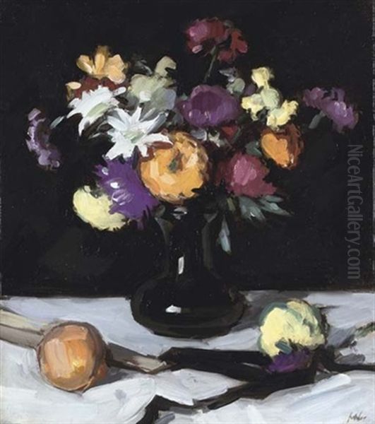 Still Life Of Chrysanthemums Against Black - view 1
