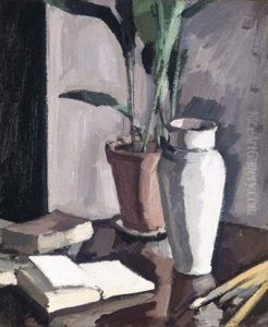 Still Life With Aspidistra And A Vase (+ Reclining Nude Study, Verso) by Samuel John Peploe