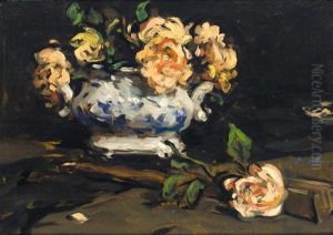 Still Life With Roses In A Blue And White Vase (+ A River Landscape, Verso) by Samuel John Peploe