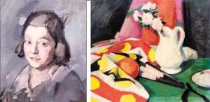 Still Life With A Fan And Pink Roses In A Jug (+ Portrait Of A Young Girl, The Artist's Niece?, Verso) by Samuel John Peploe