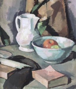 Still Life With A Jug And A Bowl Of Apples (still Life Apples And A White Rose In An Oriental Vase) by Samuel John Peploe