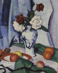 Red And White Roses In A Chinese Vase With Green And White Drapery by Samuel John Peploe