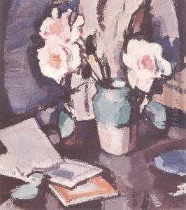 Pink Roses And Books by Samuel John Peploe