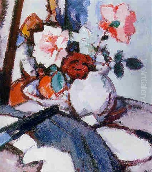 Roses In A Vase With A Black Fan And An Apple In A Bowl - view 1