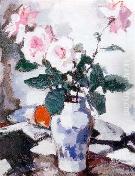 Pink Roses In A Blue And White Vase With A Black Fan And An Apple On A Draped Table - view 1