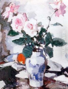Pink Roses In A Blue And White Vase With A Black Fan And An Apple On A Draped Table by Samuel John Peploe