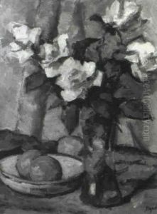 Still Life Of Roses In A Glass Vase With Fruit In A Dish by Samuel John Peploe
