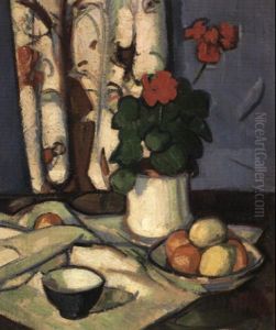 Red Geraniums In A White Vase With Apples And Lemons In A Fruit Bowl by Samuel John Peploe