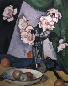 Pink Roses In A Glass Vase With Fruit In A Bowl Against A Green Drape Pink Roses In A Glass Vase With Fruit In A Bowl Against A Green Drape