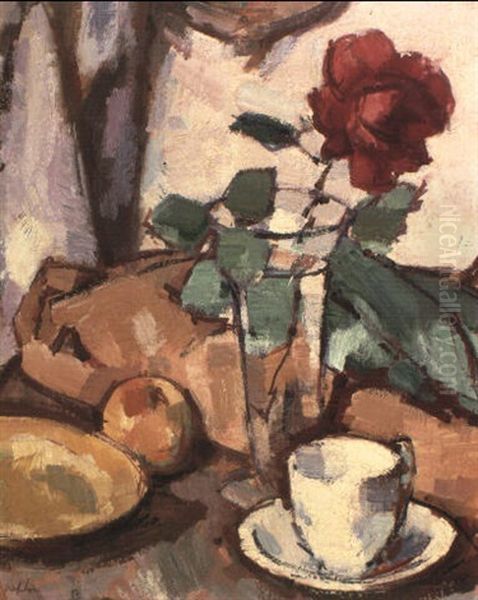 Crimson Rose In A Glass Vase With A Cup, Saucer And Apple On A Table - view 1