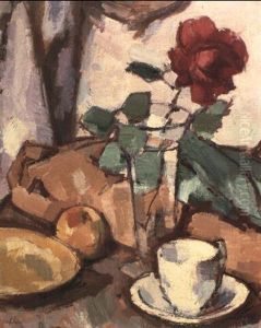 Crimson Rose In A Glass Vase With A Cup, Saucer And Apple On A Table by Samuel John Peploe